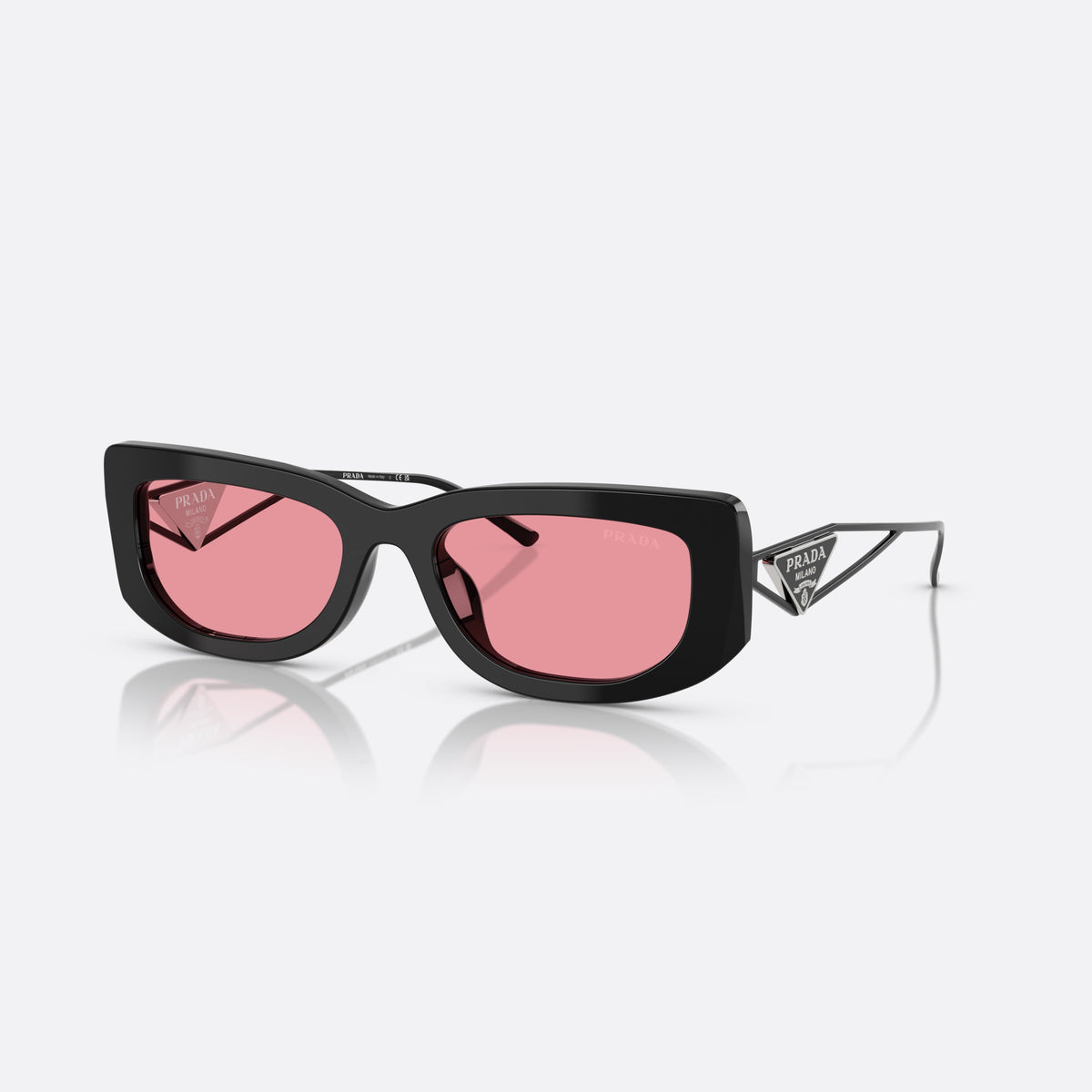 Prada PR 14YS 1AB30L BLPI sunglasses, black rectangle frame for women, plain bridge, brand logo on temples, full-rim frame