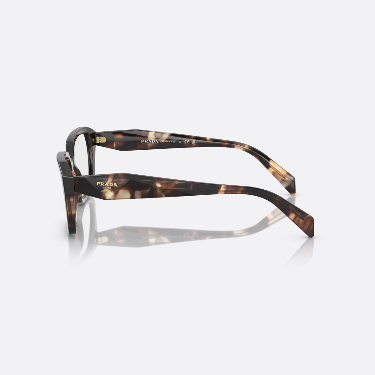 Prada PR 14ZV 07R-1O1 A eyeglasses, havana squared frame for women, saddle-style bridge with integrated acetate, full-rim frame, side view