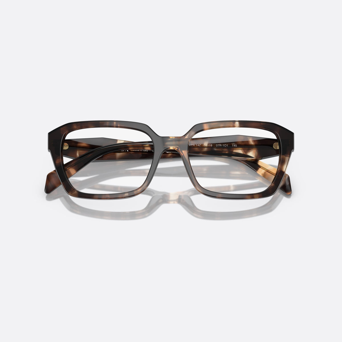Prada PR 14ZV 07R-1O1 A eyeglasses, havana squared frame for women, saddle-style bridge with integrated acetate, full-rim frame, folded
