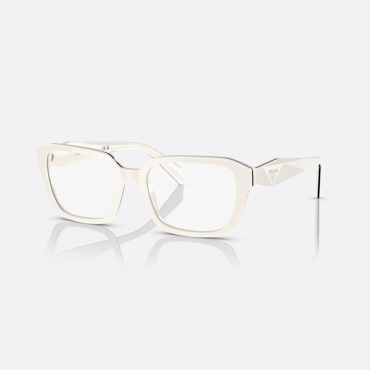 Prada PR 14ZV 12J-1O1 eyeglasses, white squared frame for women, plain integrated bridge, brand lettering on temples