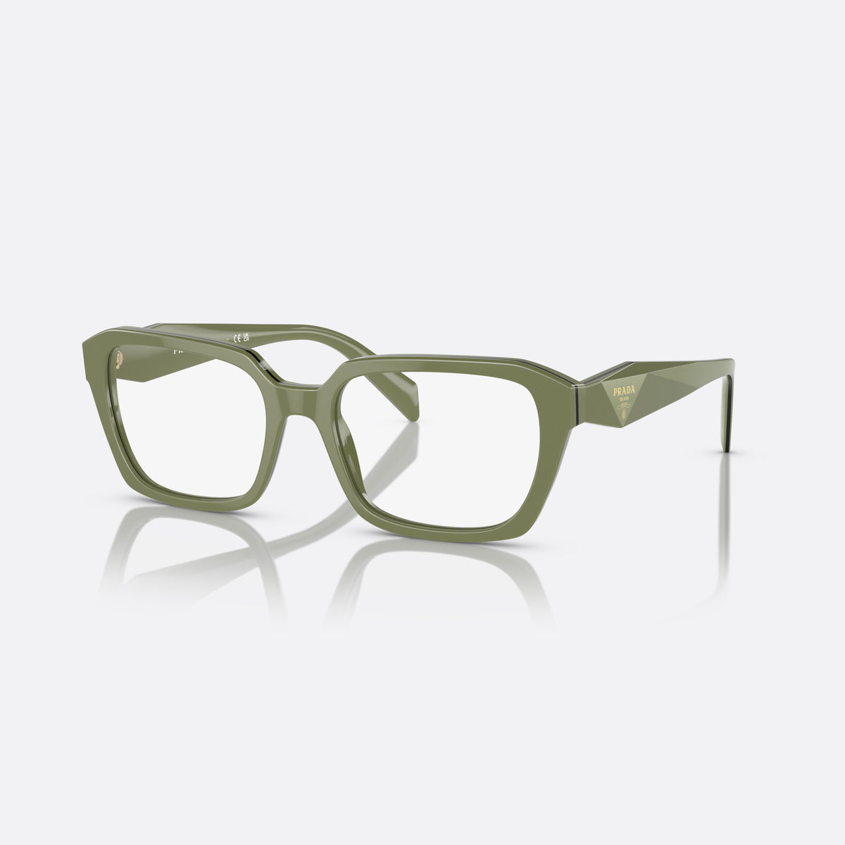 Prada PR 14ZV 13J-1O1 eyeglasses, green squared frame for women, plain integrated bridge, brand lettering on temples