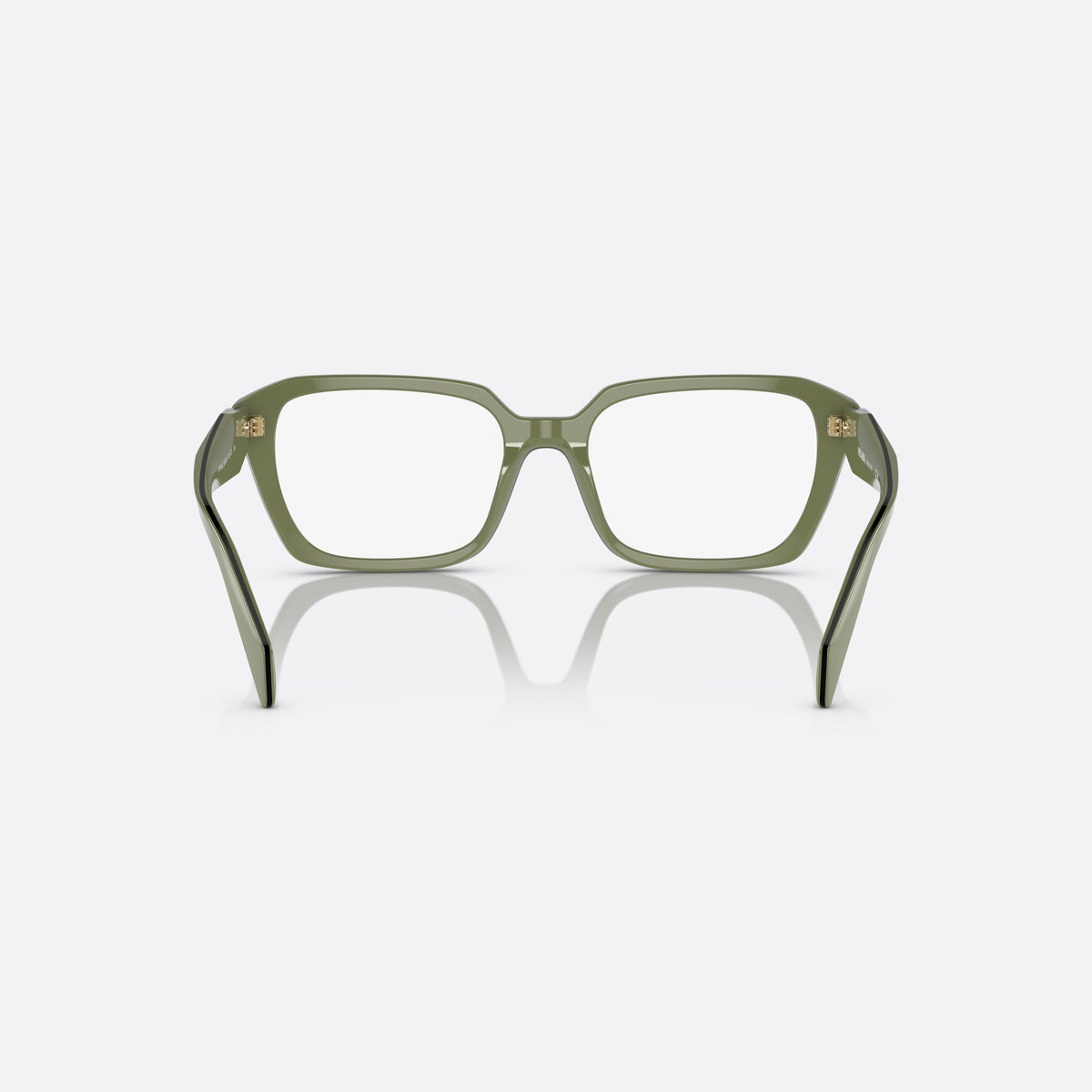 Prada PR 14ZV 13J-1O1 eyeglasses, green squared frame for women, plain integrated bridge, brand lettering on temples, back view