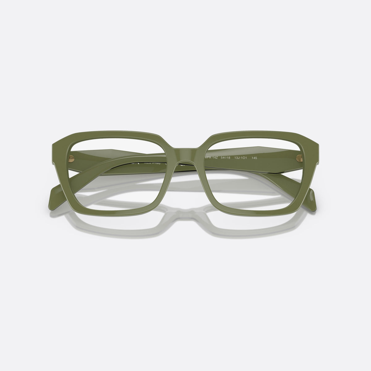 Prada PR 14ZV 13J-1O1 eyeglasses, green squared frame for women, plain integrated bridge, brand lettering on temples, folded