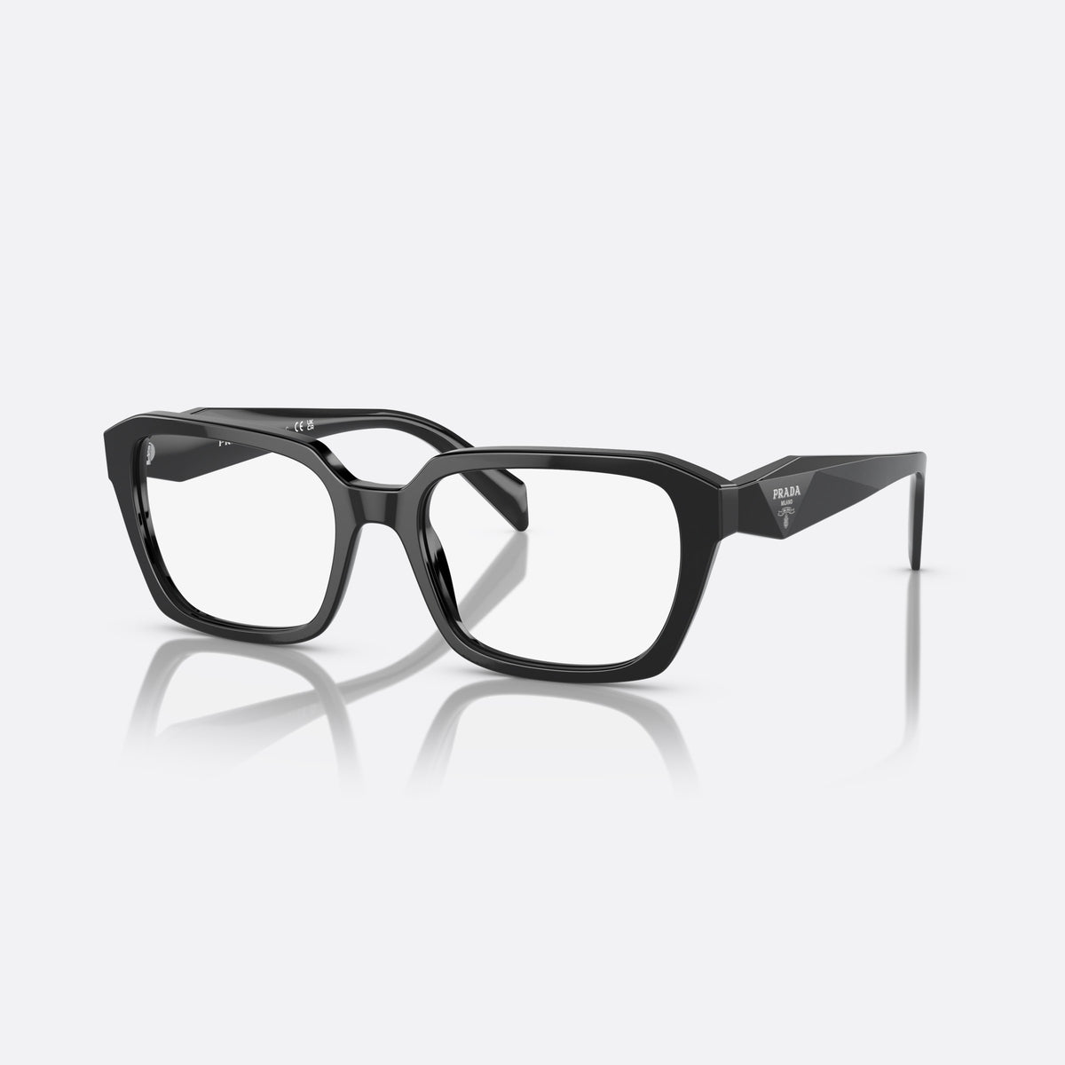 Prada PR 14ZV 1AB-1O1 eyeglasses, black squared frame for women, plain bridge, brand lettering on temples, full-rim frame