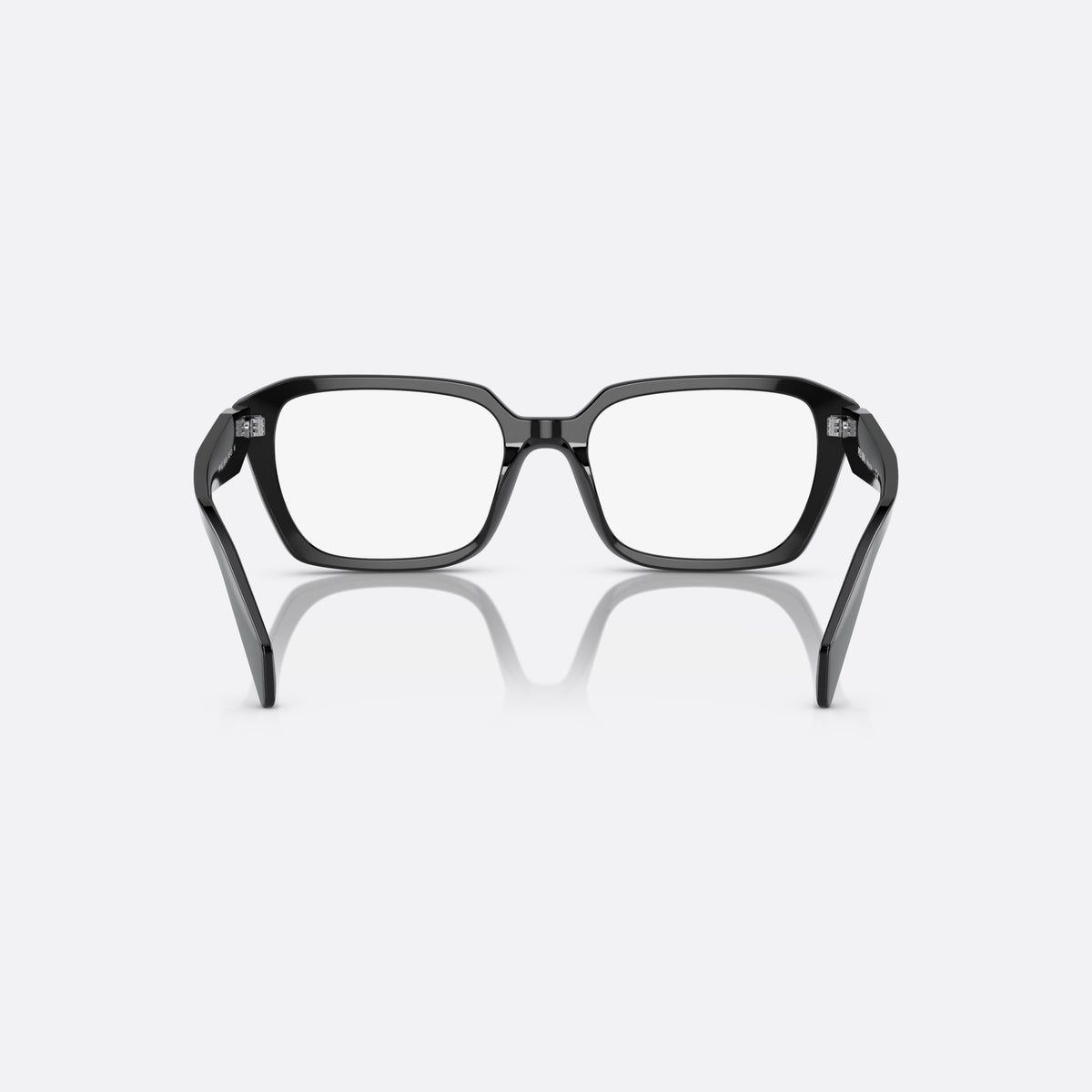 Prada PR 14ZV 1AB-1O1 eyeglasses, black squared frame for women, plain bridge, brand lettering on temples, full-rim frame, back view