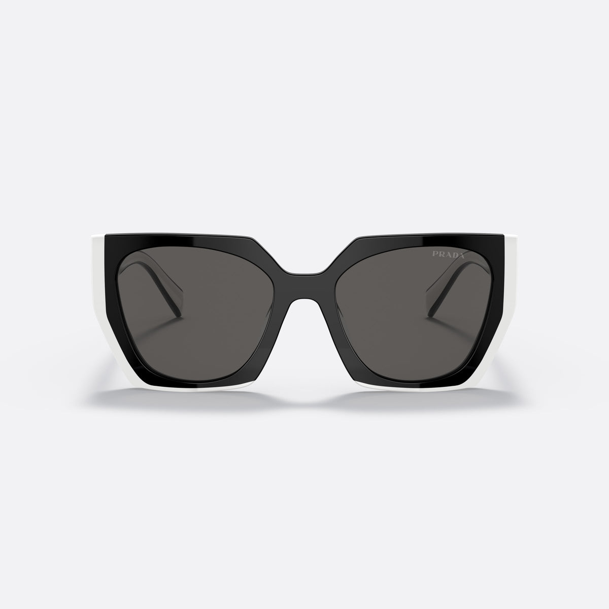 Prada PR 15WS 09Q-5S0 sunglasses, black rectangle frame for women, brand lettering on temples, slim tapered temples, front view