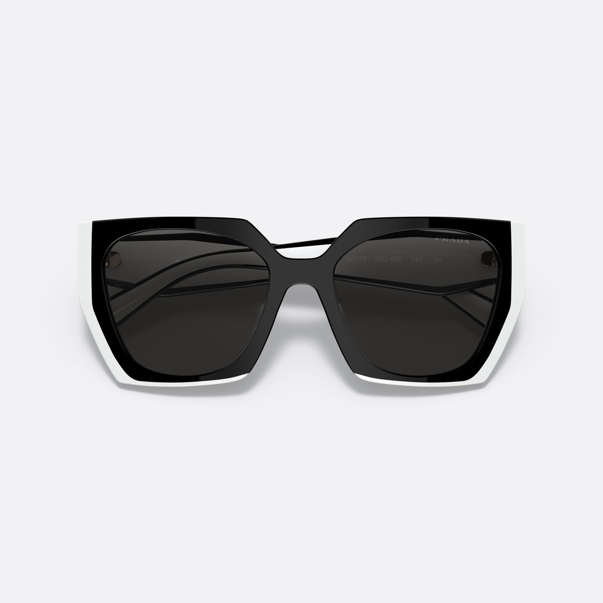 Prada PR 15WS 09Q-5S0 sunglasses, black rectangle frame for women, brand lettering on temples, slim tapered temples, folded