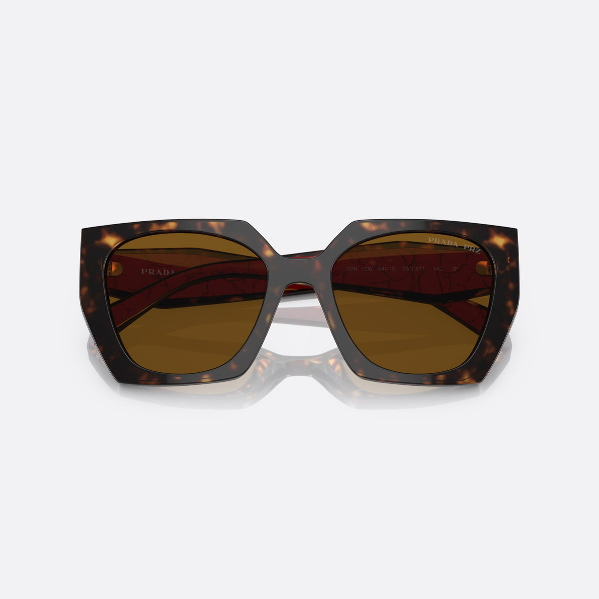 Prada PR 15WS 2AU-5Y1 A sunglasses, havana rectangle frame for women, plain bridge, brand lettering on temples, full-rim frame, folded