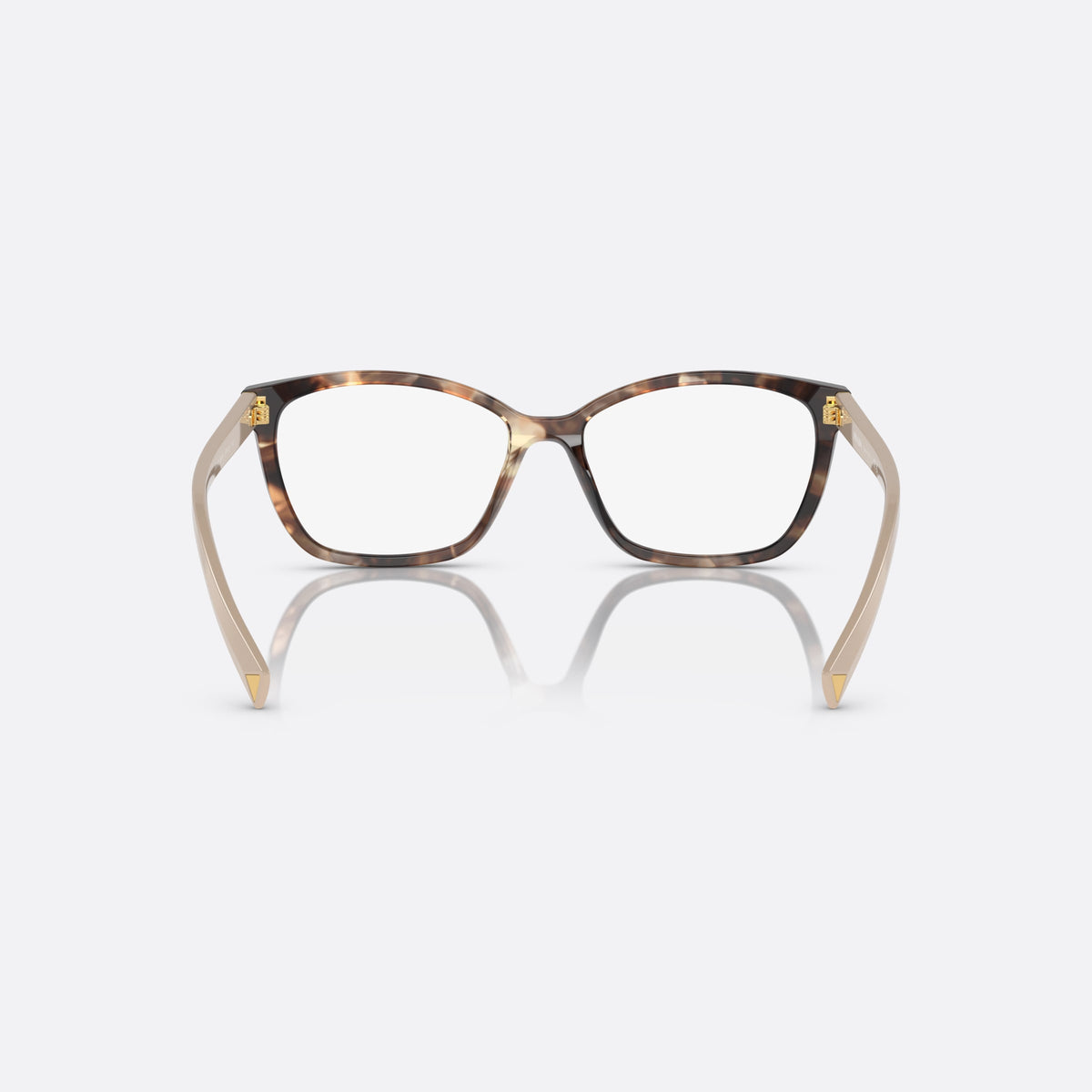 Prada PR 15ZV 07R-1O1 B eyeglasses, havana geometric frame for women, plain double bridge, brand lettering on temples, back view