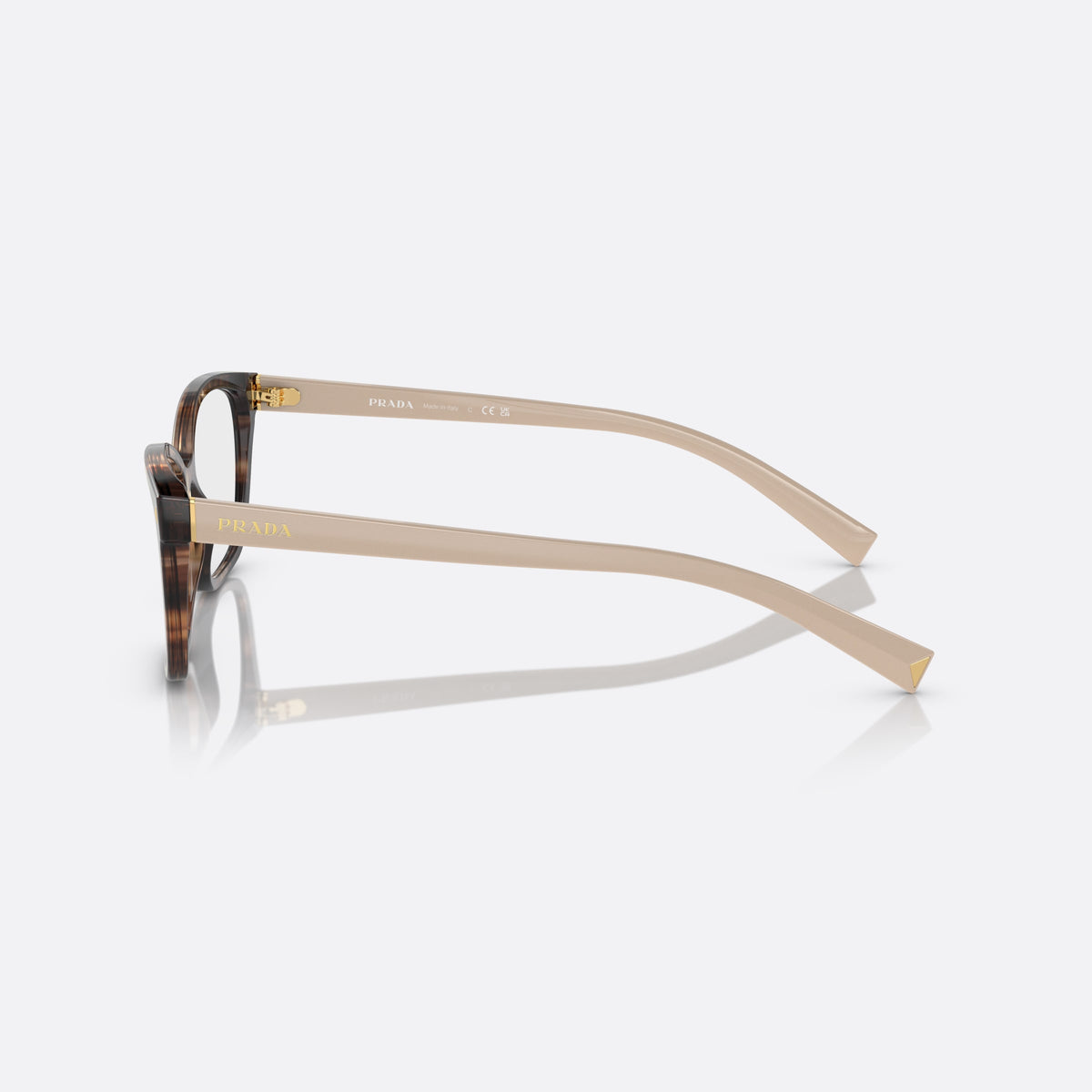 Prada PR 15ZV 07R-1O1 B eyeglasses, havana geometric frame for women, keyhole bridge, brand lettering on temples, gold-tone hinges, side view