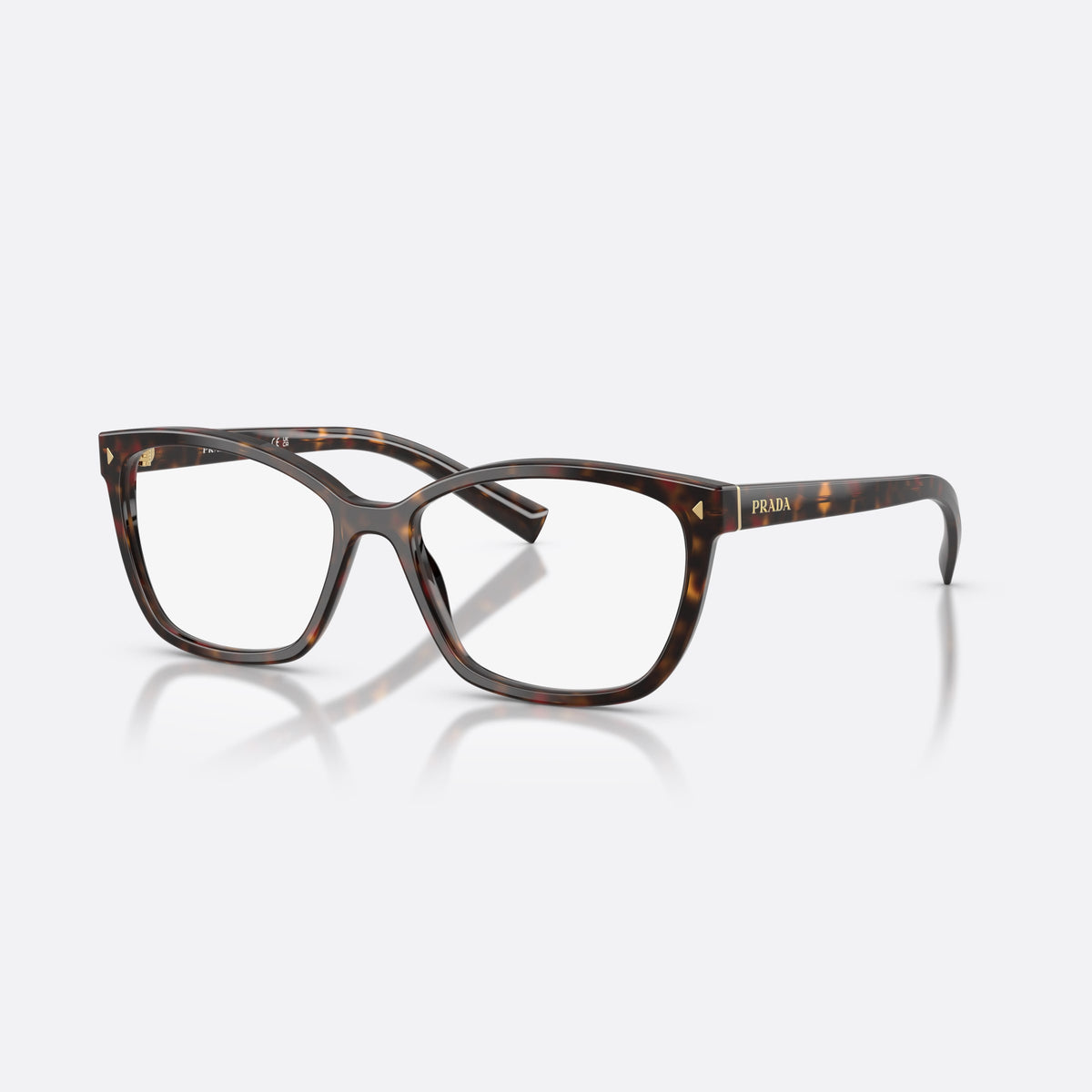 Prada PR 15ZV 17N1O1 eyeglasses, havana rectangle frame for women, plain double bridge, brand lettering on temple