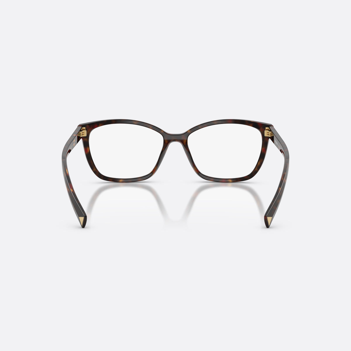Prada PR 15ZV 17N1O1 eyeglasses, havana rectangle frame for women, plain double bridge, brand lettering on temple, back view