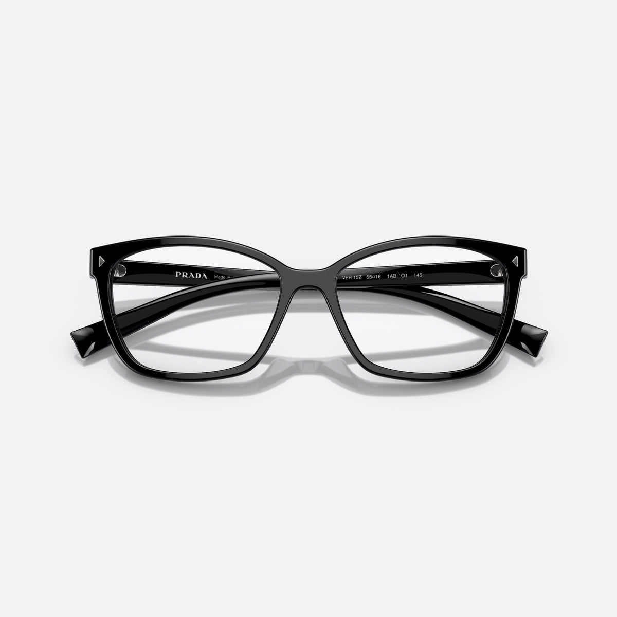 Prada PR 15ZV 1AB-1O1 eyeglasses, black geometric frame for women, keyhole bridge, brand lettering on temples, folded