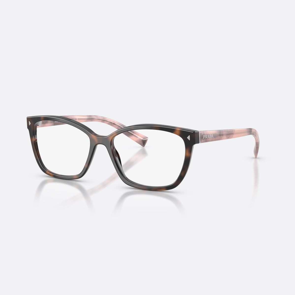 Prada PR 15ZV 23A1O1 eyeglasses, havana rectangle frame for women, plain bridge, saddle-shaped, brand lettering on the temples