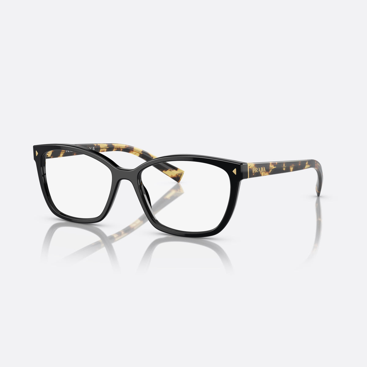 Prada PR 15ZV 389-1O1 eyeglasses, black geometric frame for women, plain double bridge, brand lettering on temples