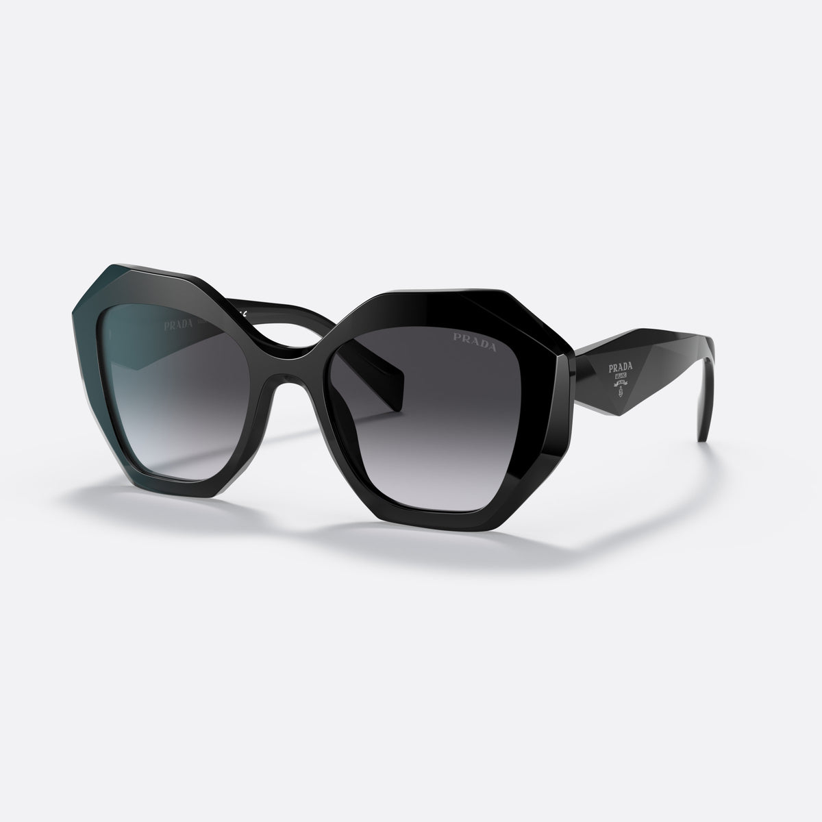Prada PR 16WS 1AB-5D1 sunglasses, black irregular frame for women, plain bridge, integrated, brand lettering on temples