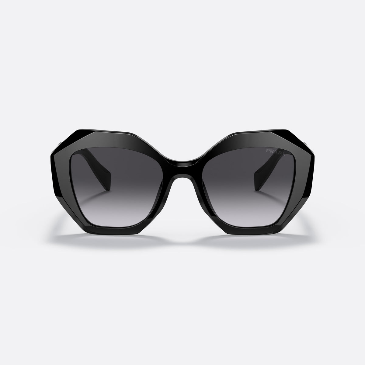 Prada PR 16WS 1AB-5D1 sunglasses, black irregular frame for women, plain bridge, integrated, brand lettering on temples, front view