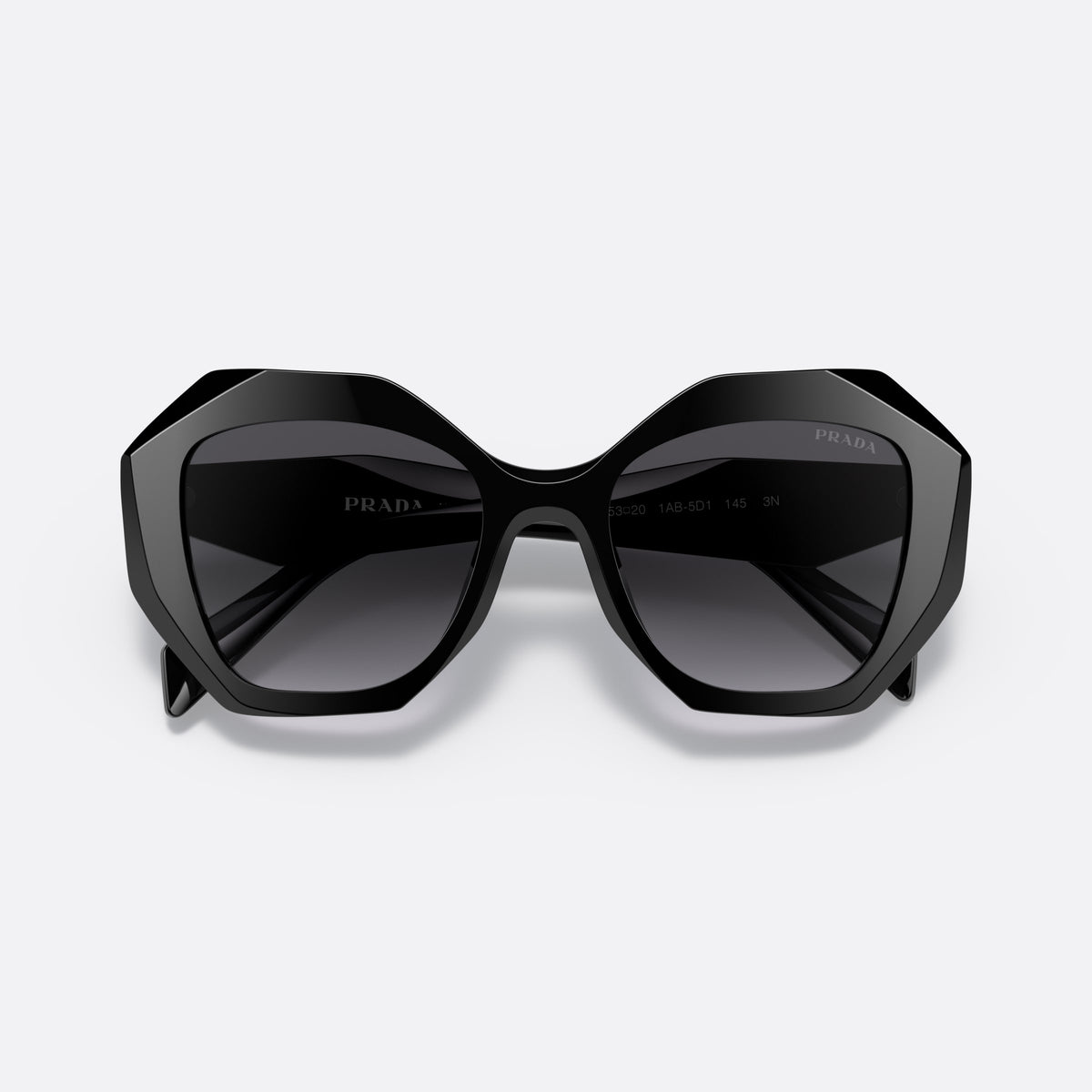 Prada PR 16WS 1AB-5D1 sunglasses, black irregular frame for women, plain bridge, integrated, brand lettering on temples, folded
