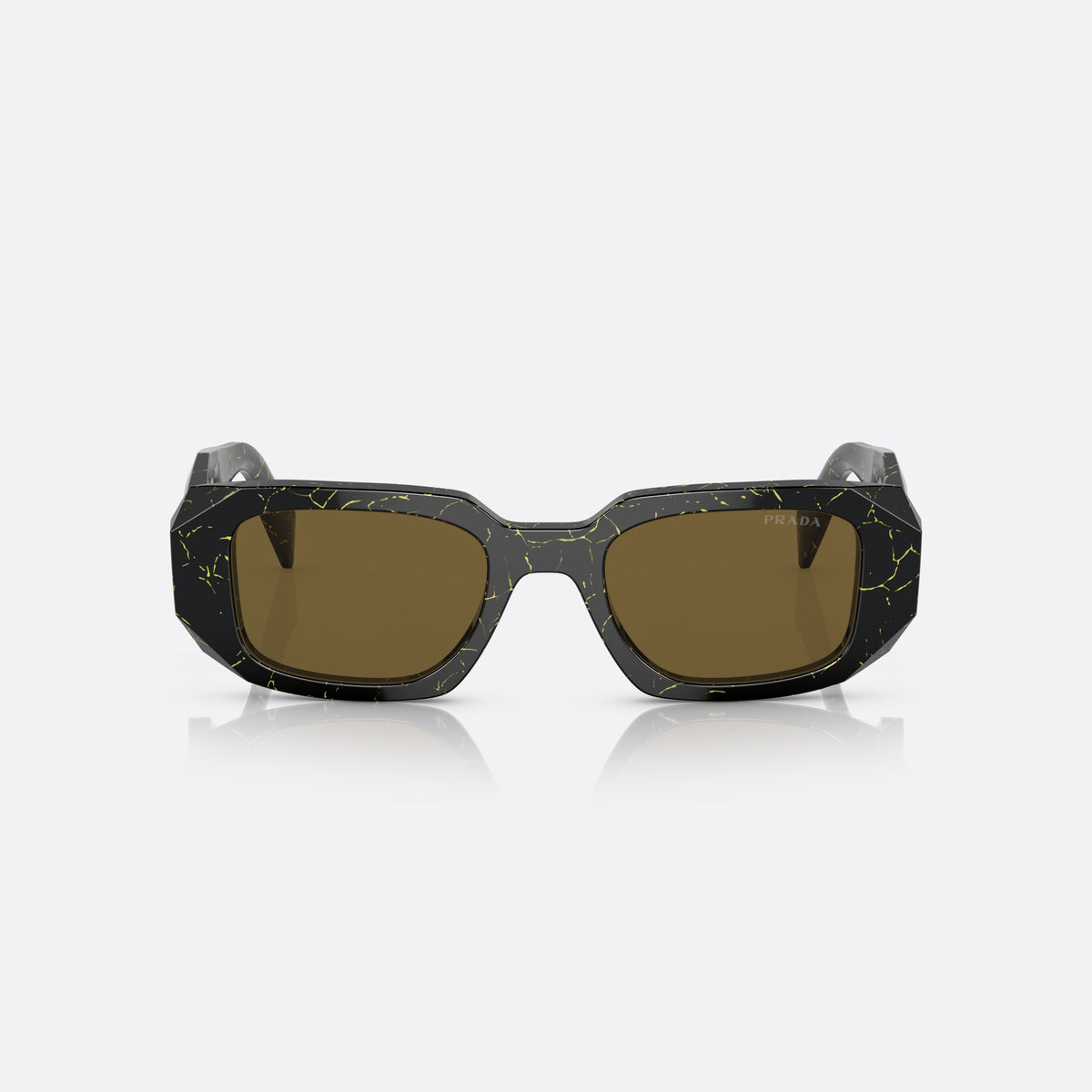 Prada PR 17WS 19D-01T sunglasses, black rectangle frame for women, plain bridge joining the front, brand lettering on the front, front view