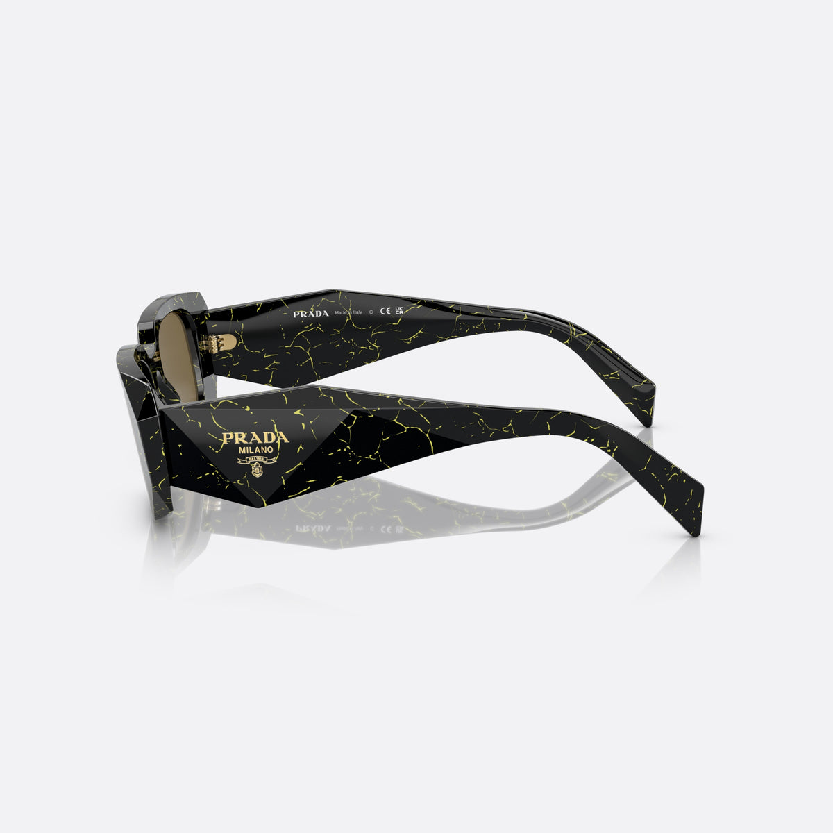 Prada PR 17WS 19D-01T sunglasses, black rectangle frame for women, plain bridge joining the front, brand lettering on the front, side view