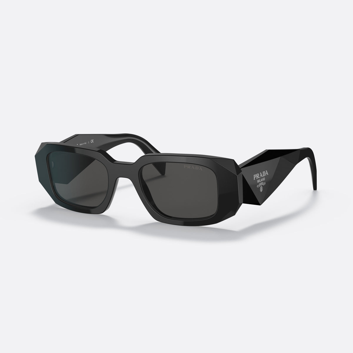 Prada PR 17WS 1AB-5S0 sunglasses, black rectangle frame, unisex, plain bridge, brand lettering on temples, plaque on temples