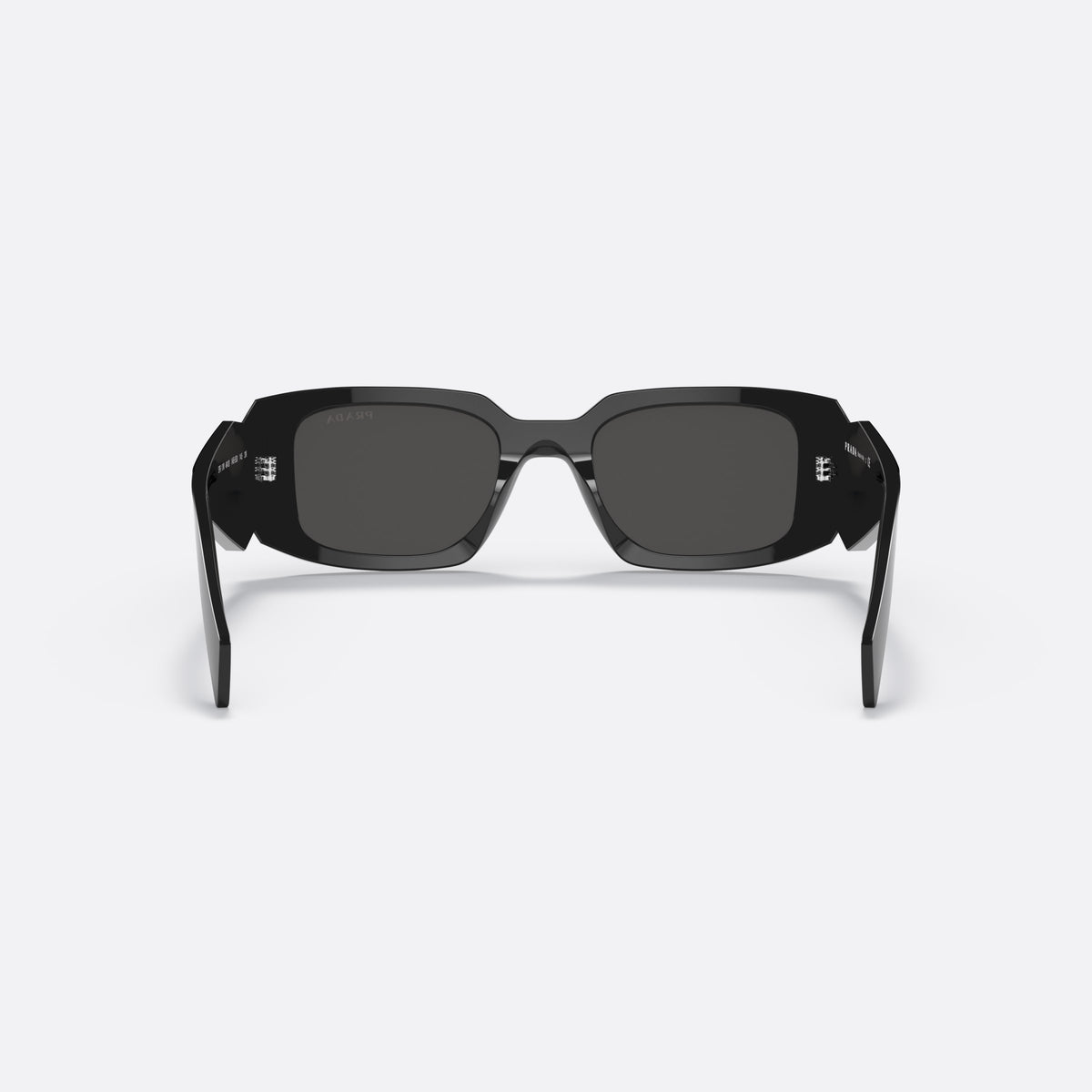 Prada PR 17WS 1AB-5S0 sunglasses, black rectangle frame, unisex, plain bridge, brand lettering on temples, plaque on temples, back view
