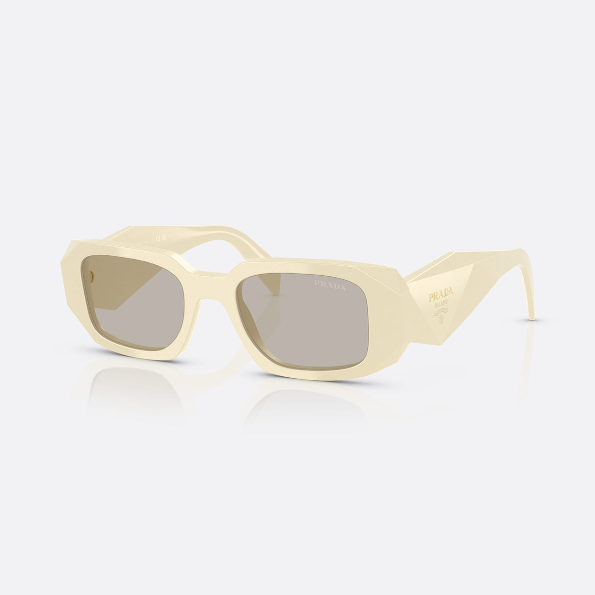 Prada PR 17WS 21D5J2 sunglasses, white rectangle frame for women, plain bridge with thick profile, tapered temple ends