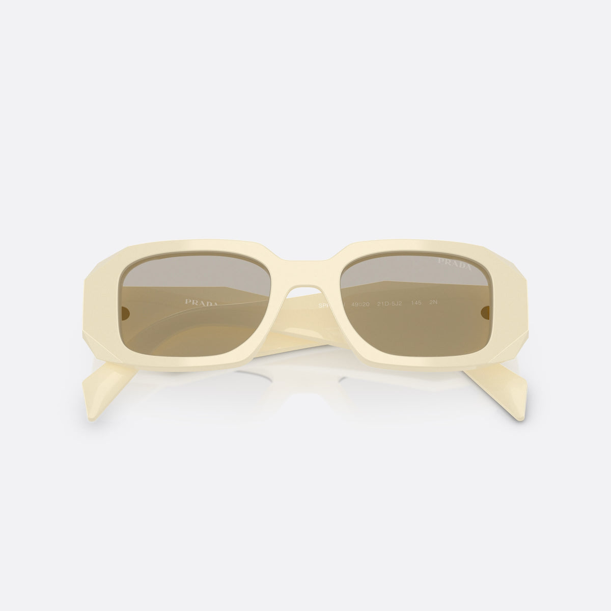 Prada PR 17WS 21D5J2 sunglasses, white rectangle frame for women, plain bridge with thick profile, tapered temple ends, folded