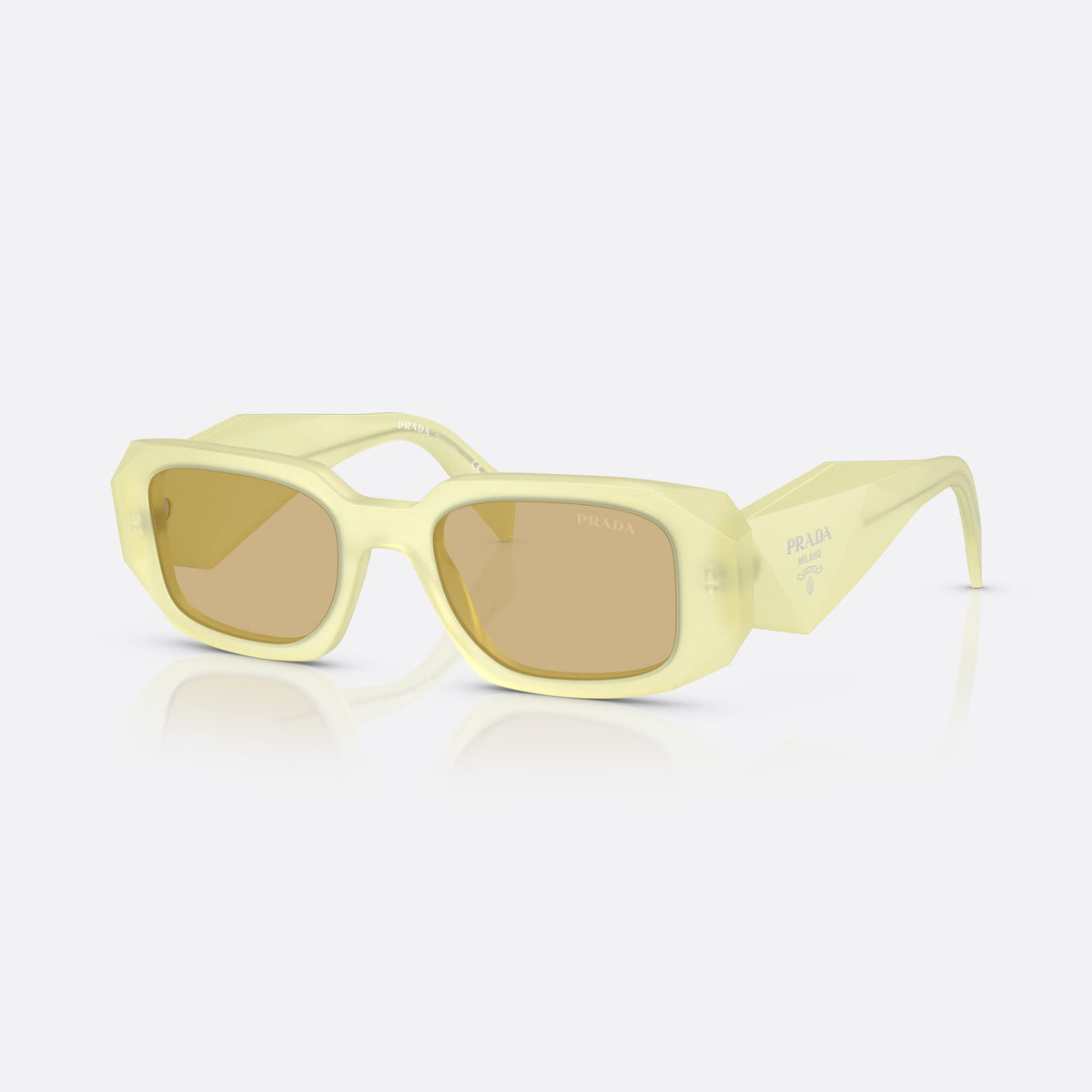Prada PR 17WS 21G10R sunglasses, yellow rectangle frame for women, plain bridge, brand logo plaque on temple, full-rim frame