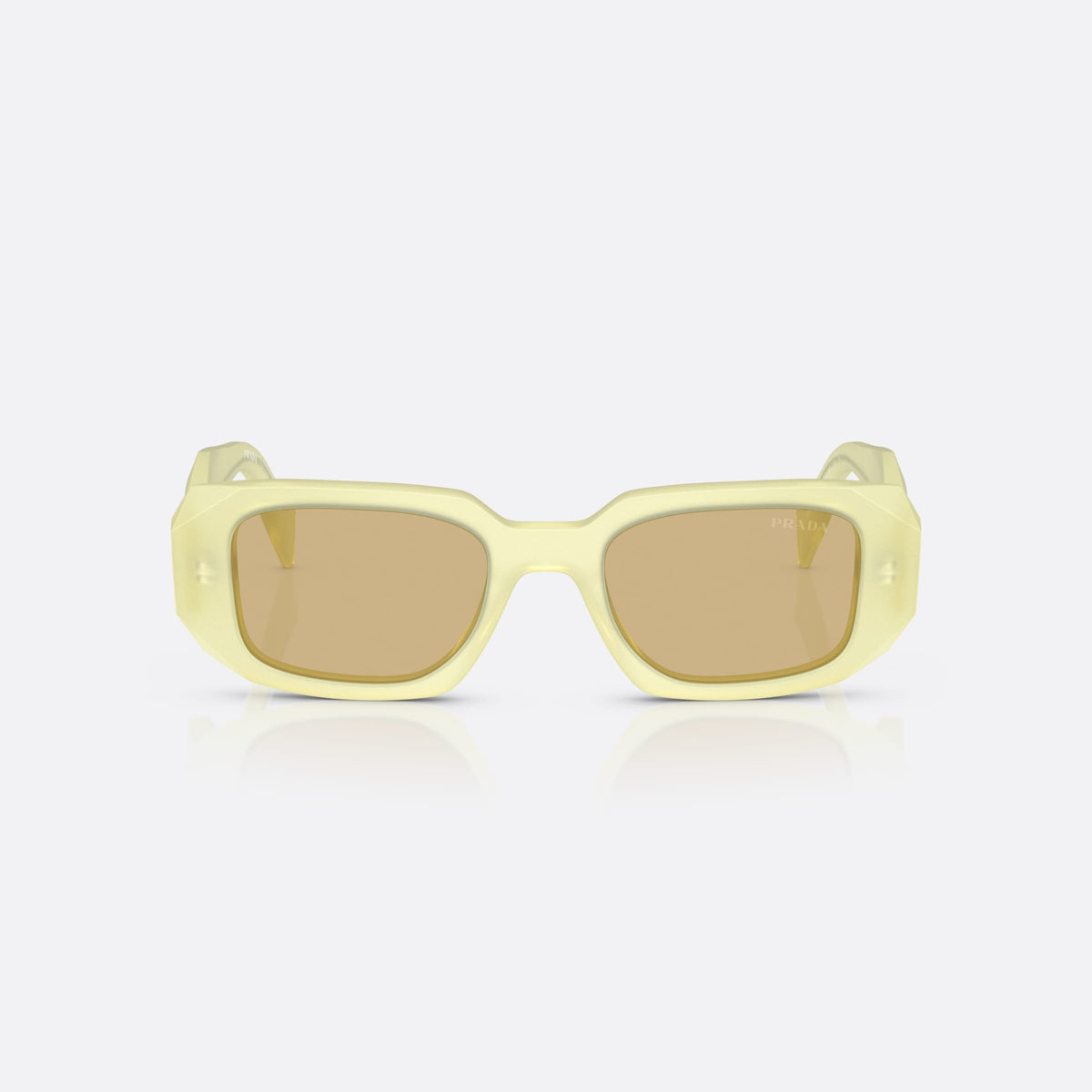 Prada PR 17WS 21G10R sunglasses, yellow rectangle frame for women, plain bridge, brand logo plaque on temple, full-rim frame, front view