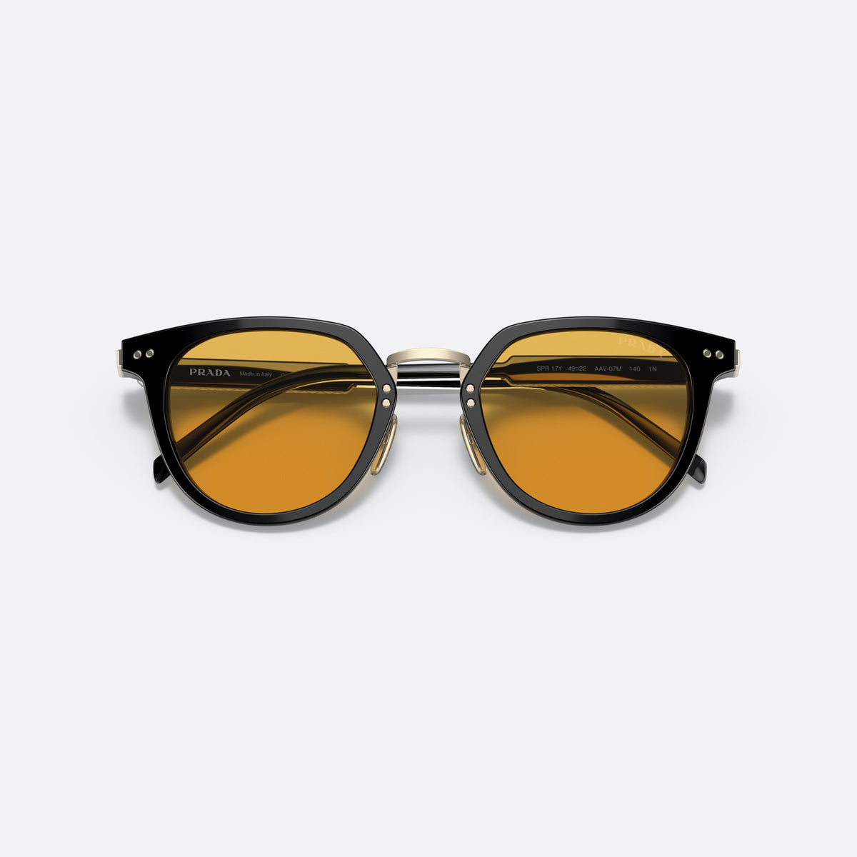 Prada PR 17YS AAV07M sunglasses, black phantos frame for men, brand lettering on temples, engraved patterned temple plaque, folded