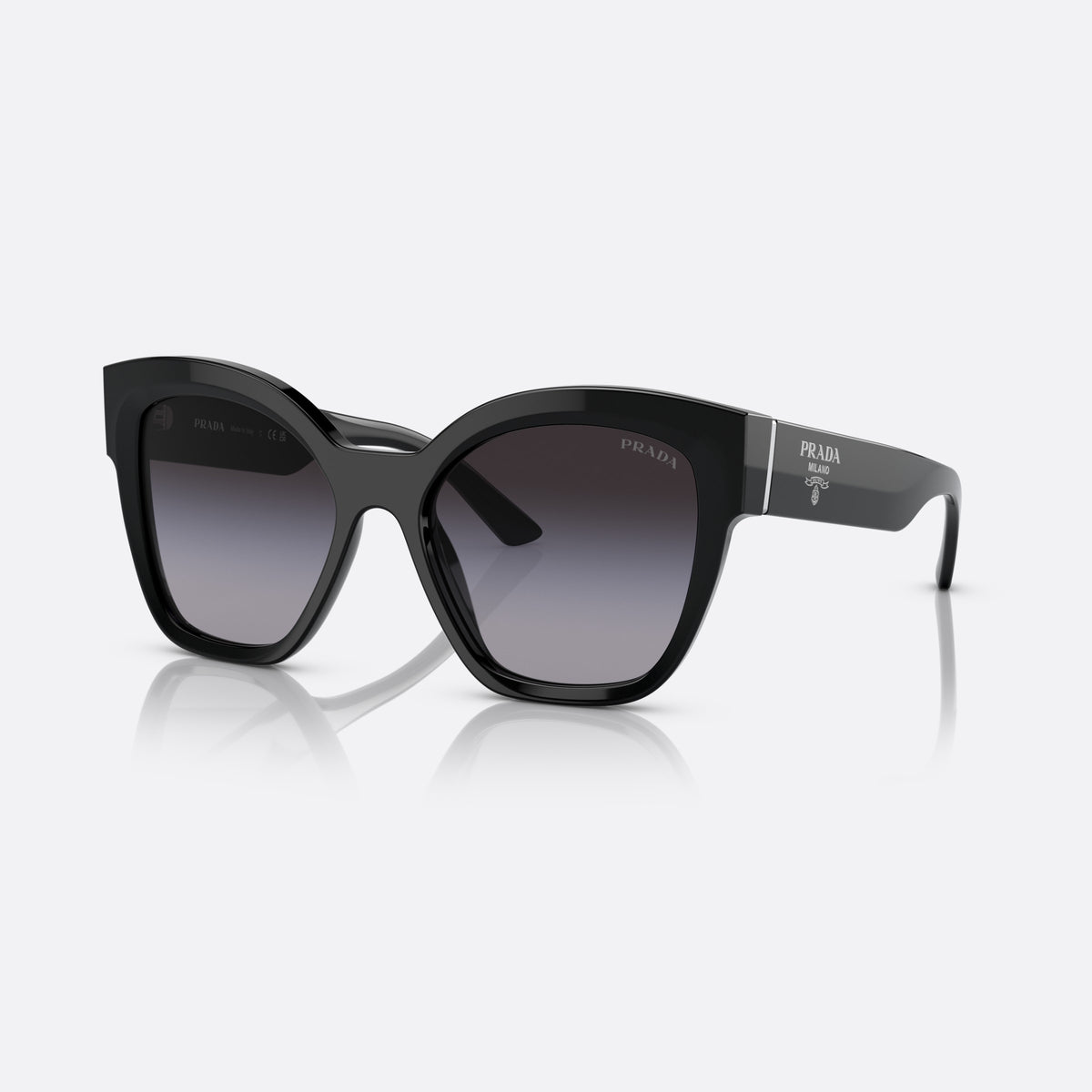 Prada PR 17ZS 1AB-09S sunglasses, black square frame for women, plain bridge, brand lettering on temple, full rim frame