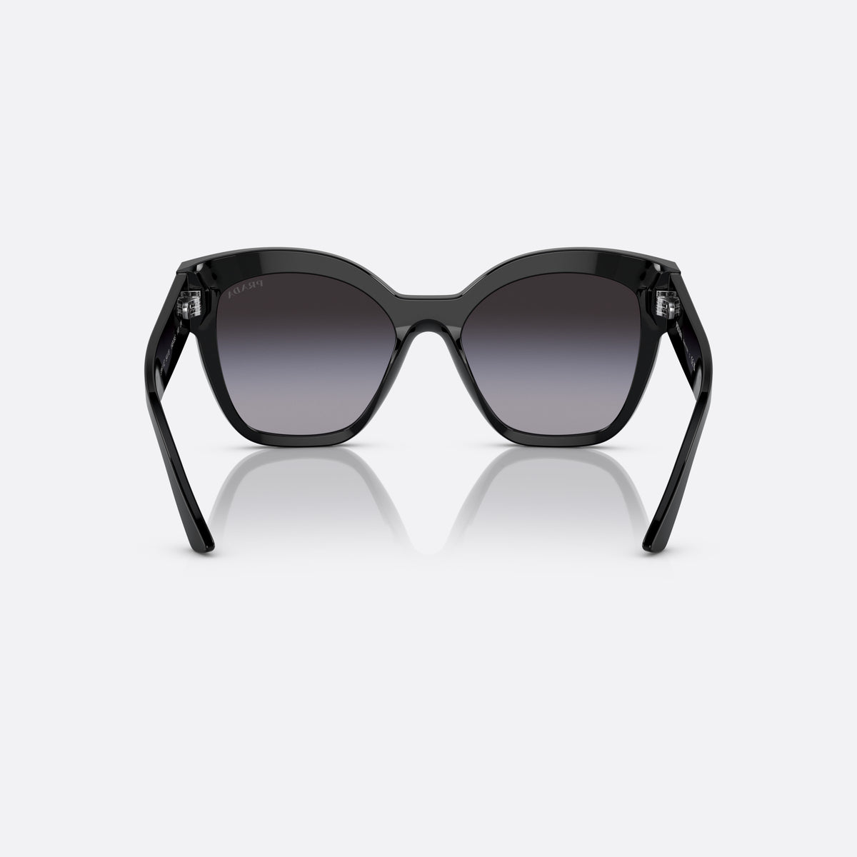 Prada PR 17ZS 1AB-09S sunglasses, black square frame for women, plain bridge, brand lettering on temple, full rim frame, back view