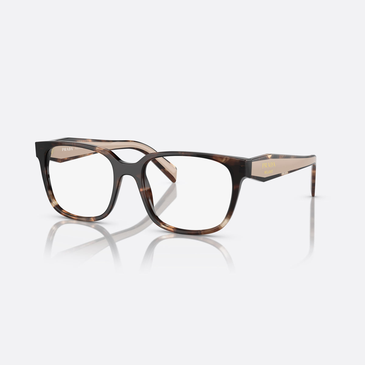 Prada PR 17ZV 07R1/O1 eyeglasses, havana rectangular frame for women, plain combined bridge, brand lettering on temples