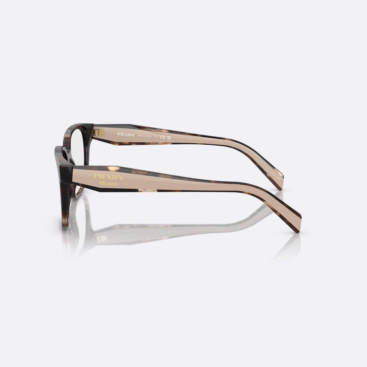 Prada PR 17ZV 07R1/O1 eyeglasses, havana rectangular frame for women, plain combined bridge, brand lettering on temples