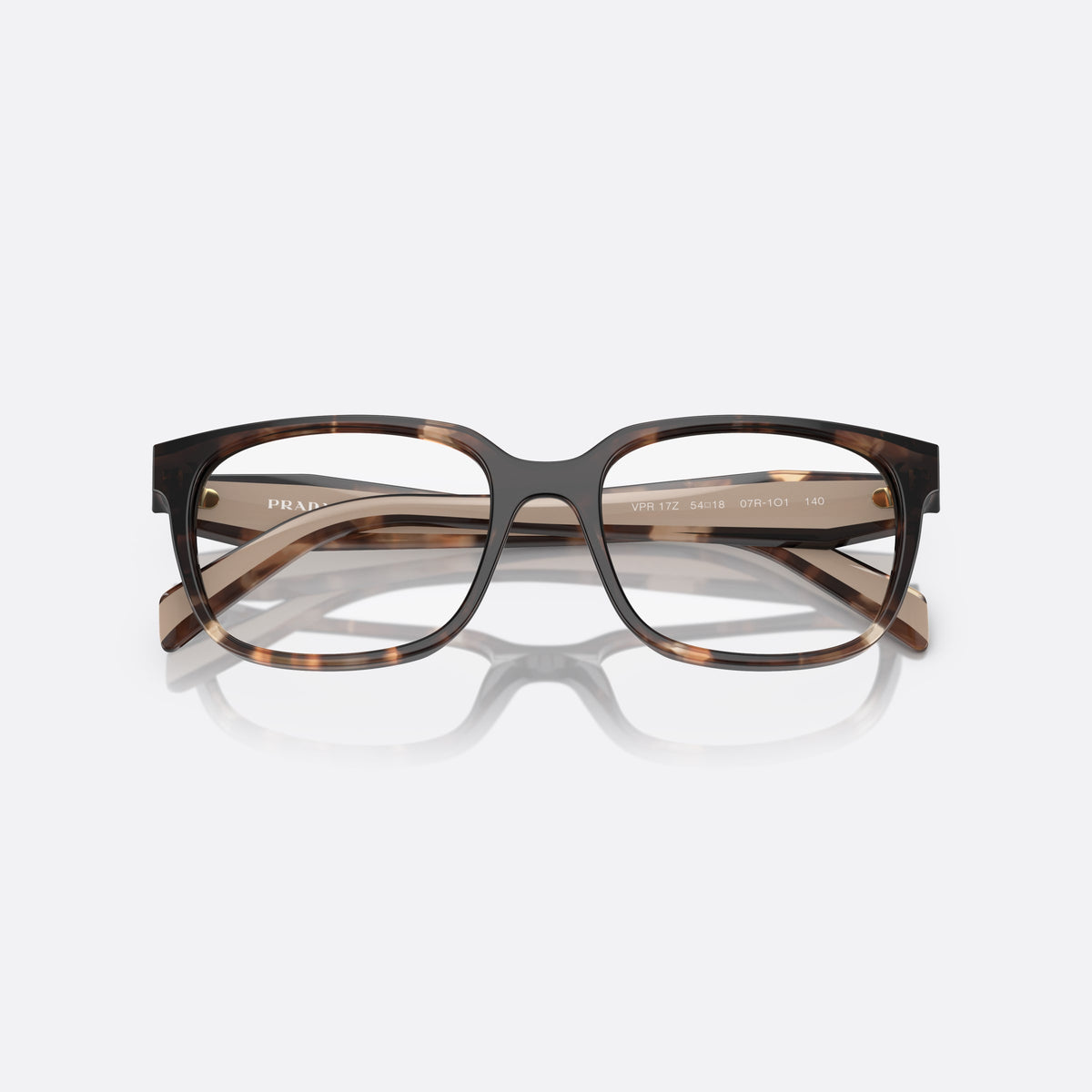Prada PR 17ZV 07R1/O1 eyeglasses, havana rectangular frame for women, plain combined bridge, brand lettering on temples