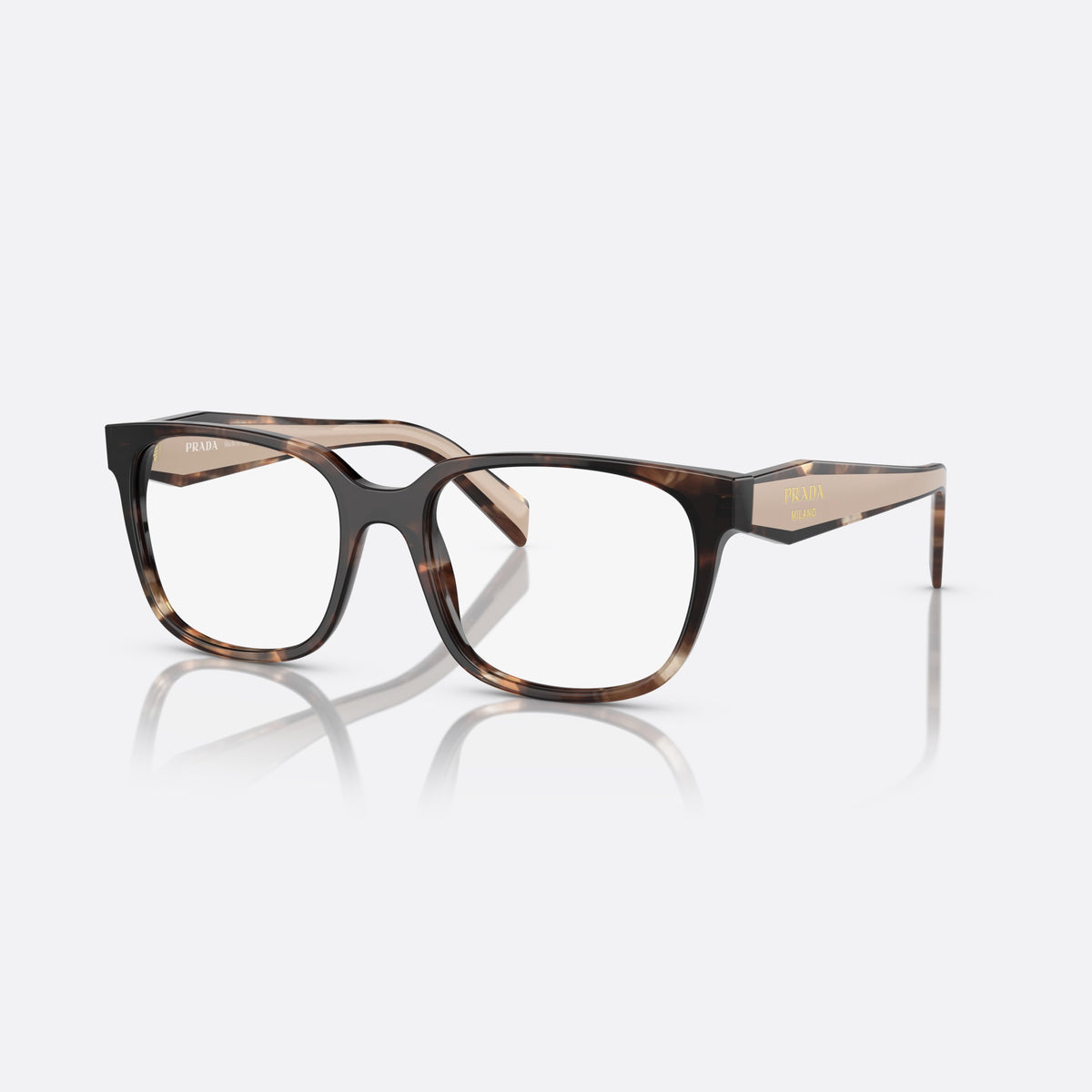 Prada PR 17ZV 07R1/O1 eyeglasses, havana squared frame for women, plain bridge, integrated into frame, full-rim acetate front