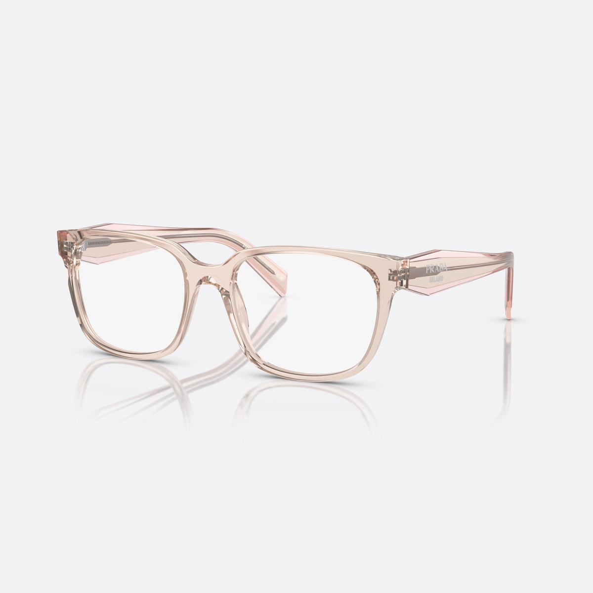 Prada PR 17ZV 15J1/O1 eyeglasses, pink rectangular frame for women, plain combined bridge, brand lettering on temples