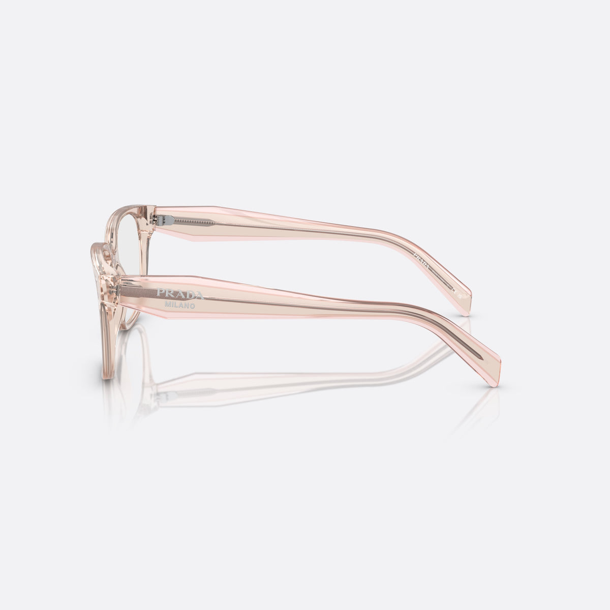 Prada PR 17ZV 15J1/O1 eyeglasses, pink rectangular frame for women, plain combined bridge, brand lettering on temples