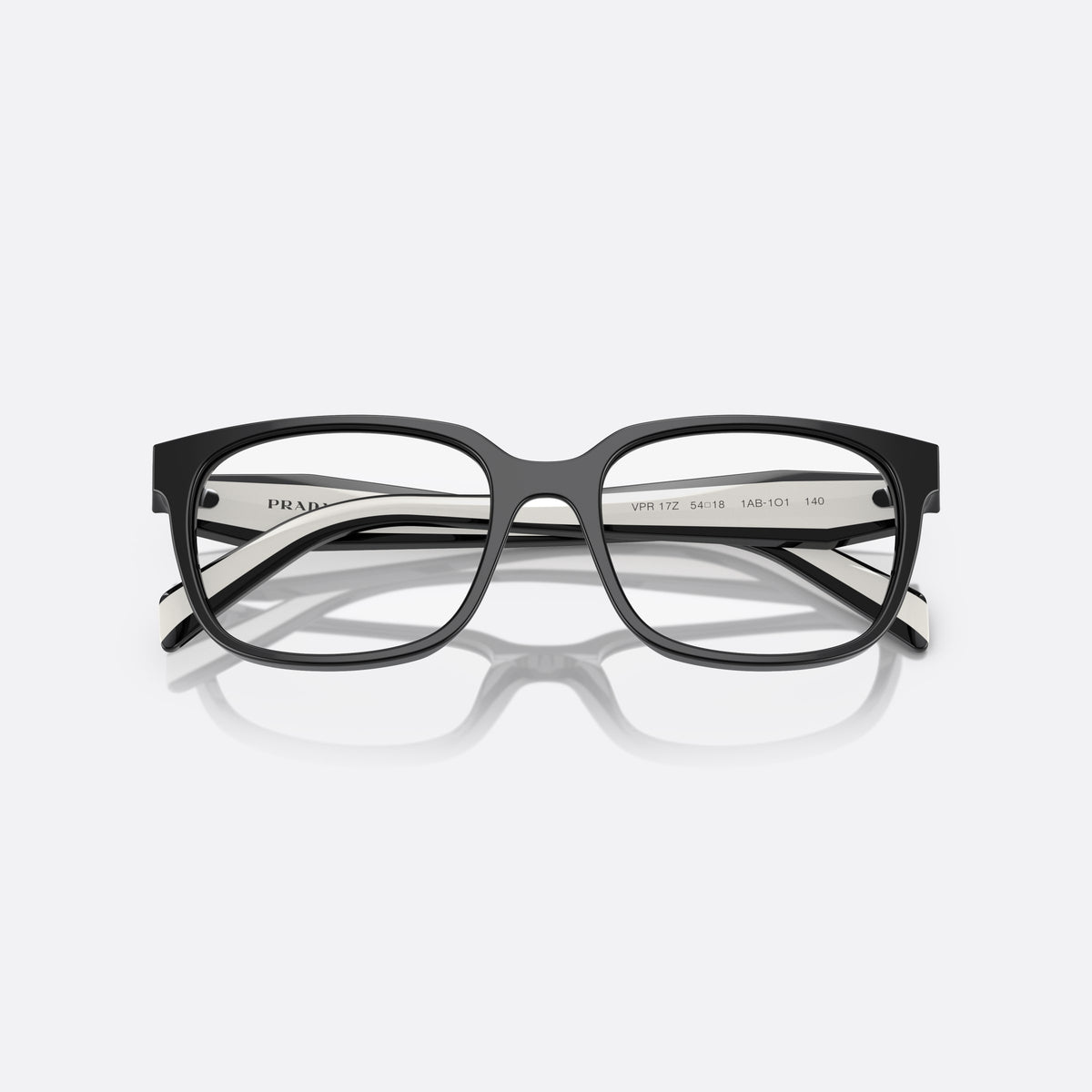 Prada PR 17ZV 1AB1/O1 eyeglasses, black rectangular frame for women, plain acetate bridge, brand lettering on temples