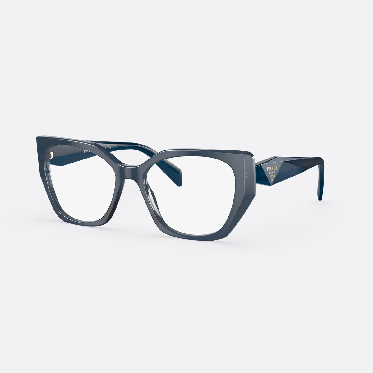 Prada PR 18WV 08Q1O1 eyeglasses, blue irregular frame for women, plain bridge, brand lettering on temples