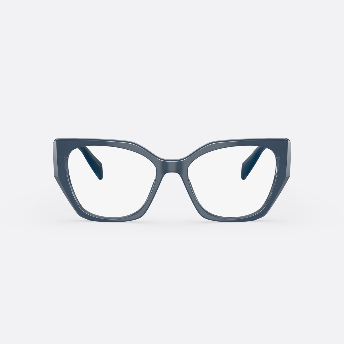 Prada PR 18WV 08Q1O1 eyeglasses, blue irregular frame for women, plain bridge, brand lettering on temples, front view