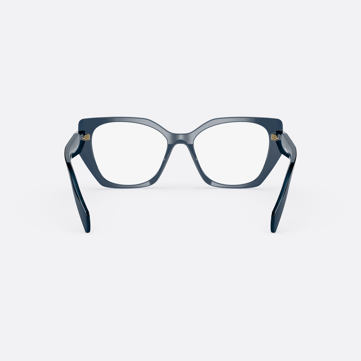 Prada PR 18WV 08Q1O1 eyeglasses, blue irregular frame for women, plain bridge, brand lettering on temples, back view