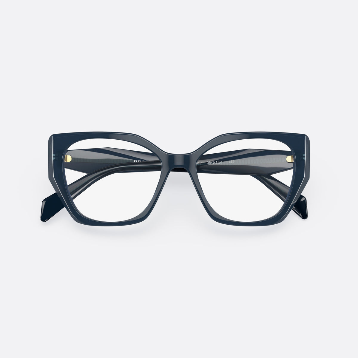 Prada PR 18WV 08Q1O1 eyeglasses, blue irregular frame for women, plain bridge, brand lettering on temples, folded