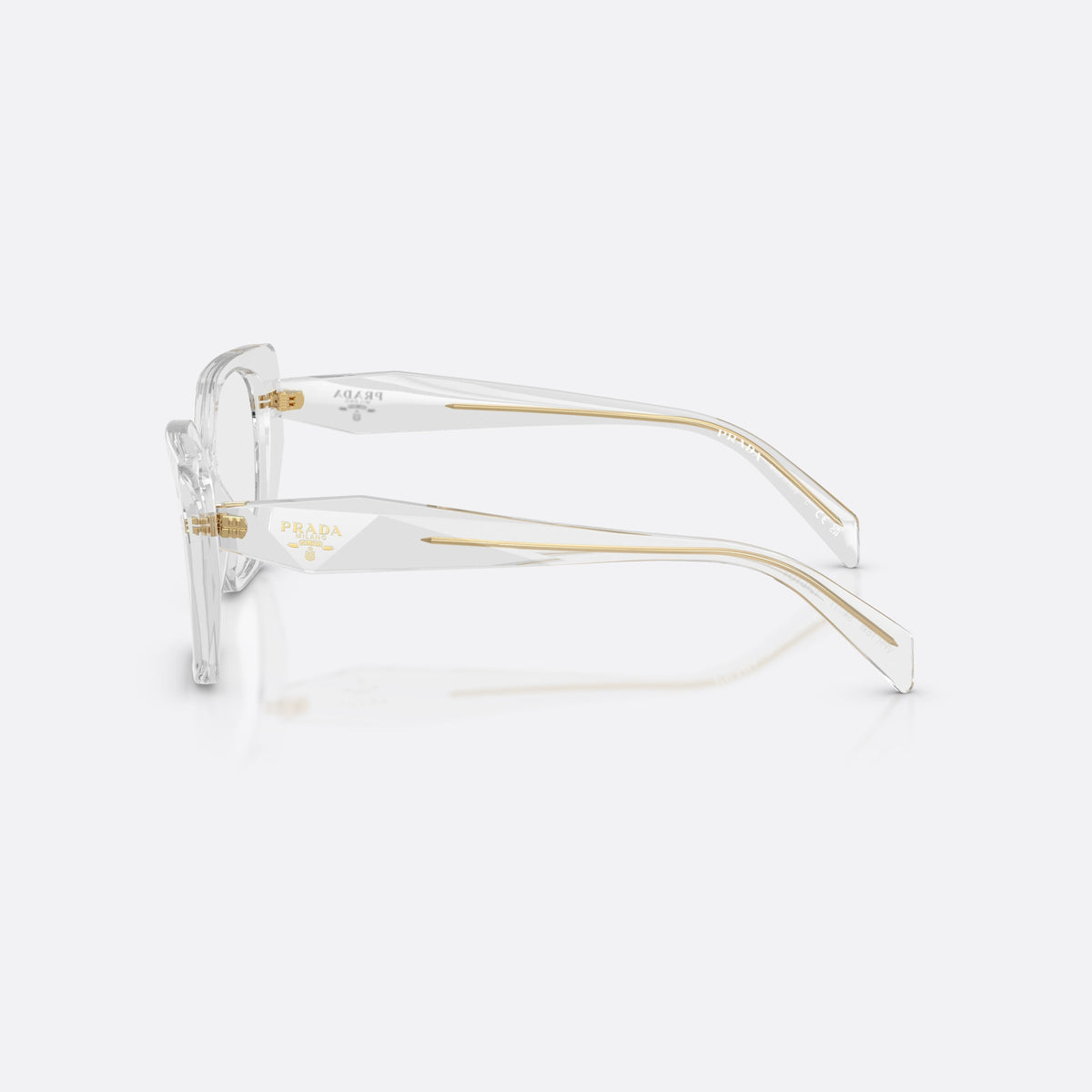 Prada PR 18WV 12R1O1 eyeglasses, grey irregular frame for women, keyhole bridge, brand lettering on the temples, side view