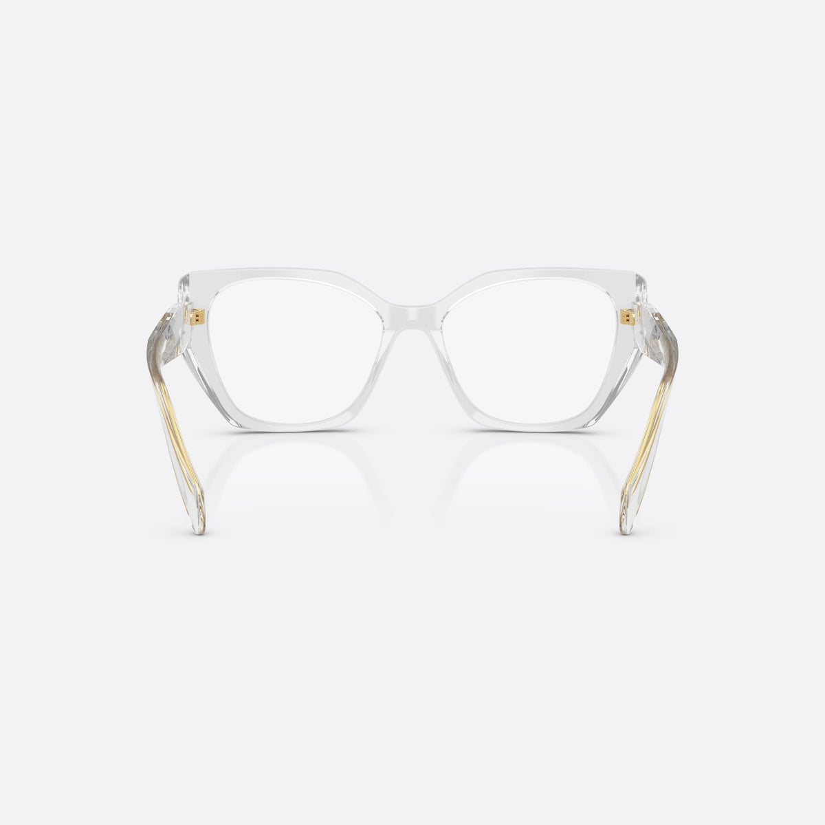 Prada PR 18WV 12R1O1 eyeglasses, grey irregular frame for women, plain integrated bridge, brand lettering on temples, back view