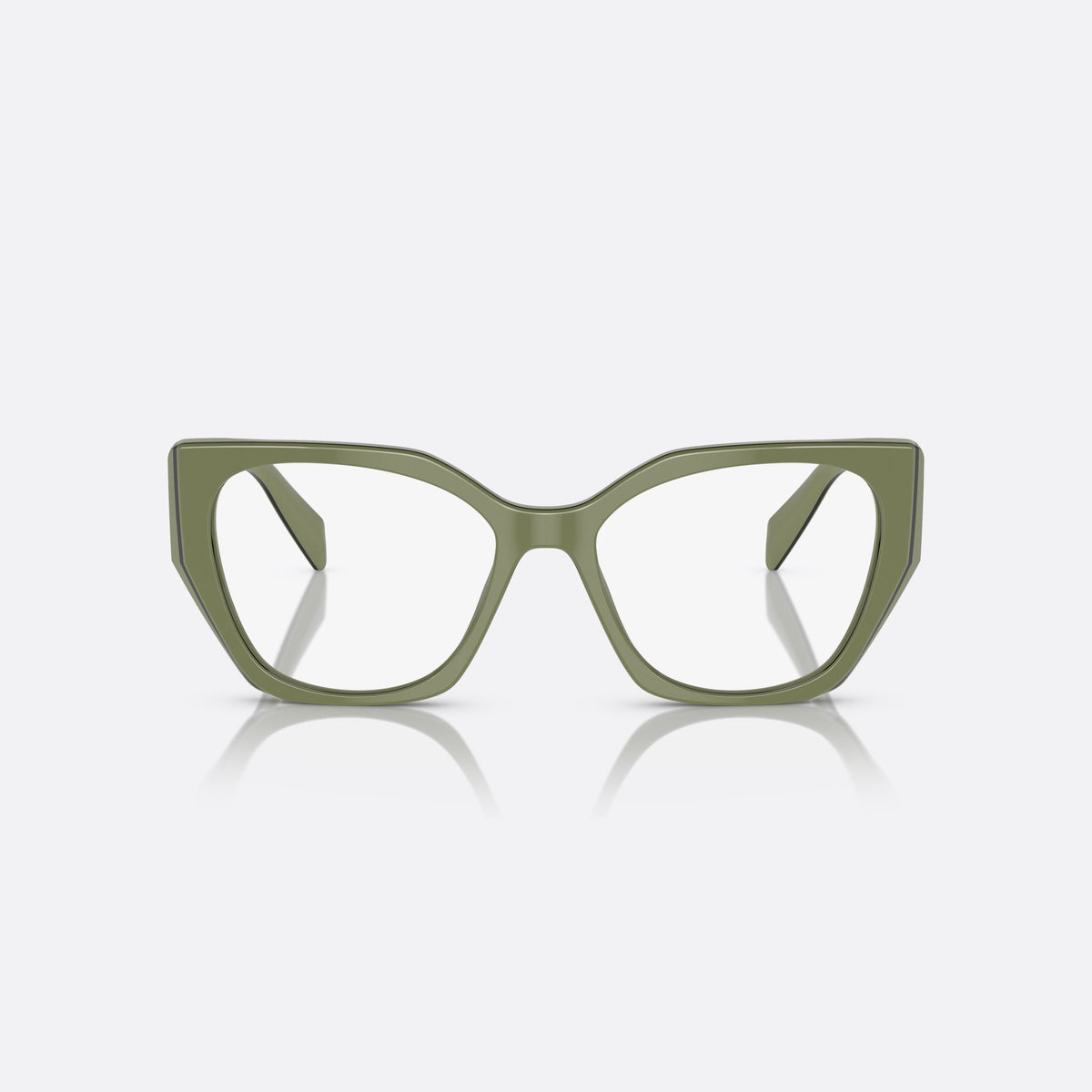 Prada PR 18WV 13J1O1 eyeglasses, green irregular frame for women, plain integrated bridge, wide tapered temples, front view