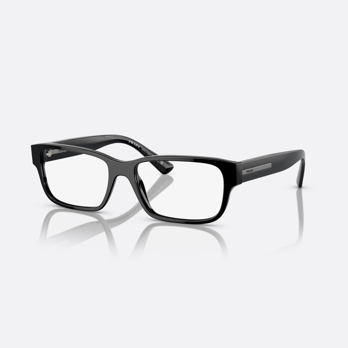 Prada PR 18ZV 1AB-1O1 eyeglasses, black geometric frame for men, plain bridge, brand lettering on temples, full-rim frame