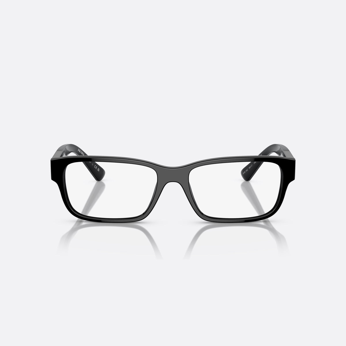 Prada PR 18ZV 1AB-1O1 eyeglasses, black geometric frame for men, plain bridge, brand lettering on temples, full-rim frame, front view