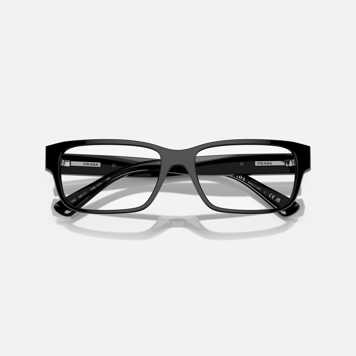 Prada PR 18ZV 1AB-1O1 eyeglasses, black geometric frame for men, plain bridge, brand lettering on temples, full-rim frame, folded
